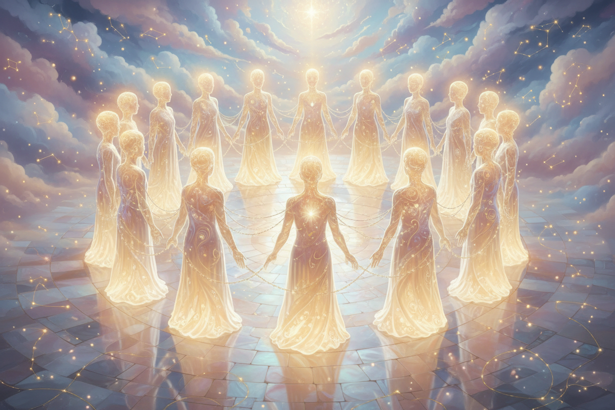 circle of awakened souls glowing golden support network ethereal