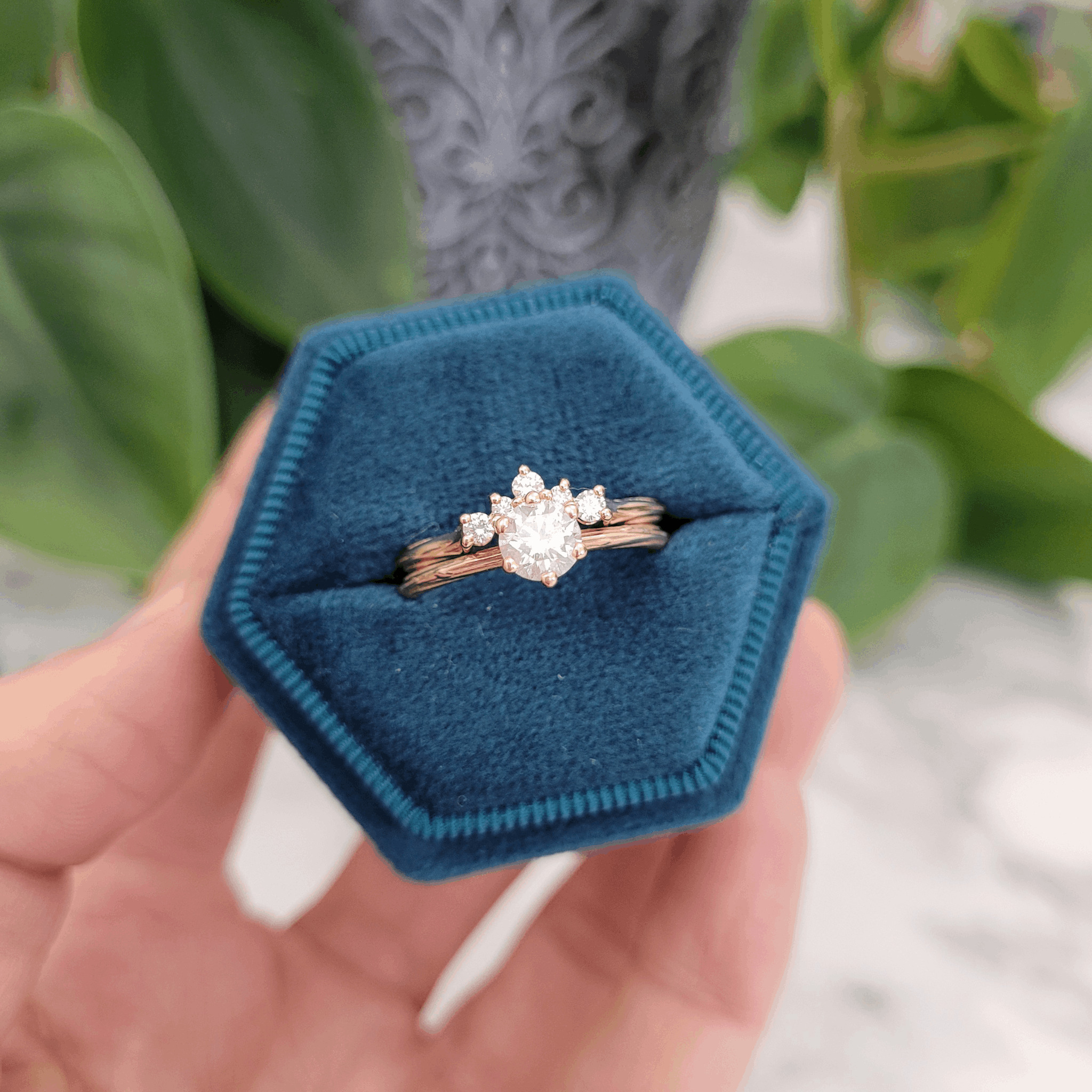 Yellow gold Canada Mark natural diamond solitaire 0.60ct with shaped 5 stone wedding ring by Emma Hedley