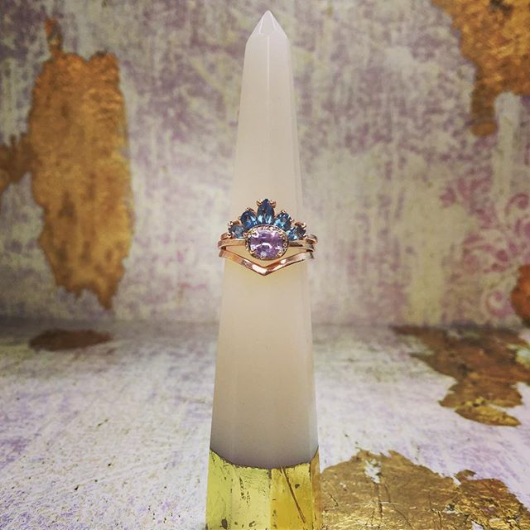 Emma Hedley fine gemstone jewellery unique colourful rings pale powder pink pale blue Aqua Radiance Aquamarine rose gold set of 3 stacking rings cushion cut pink sapphire diamond halo wishbone wedding eternity engagement ring set  Newcastle Upon Tyne ready to wear rings gifts