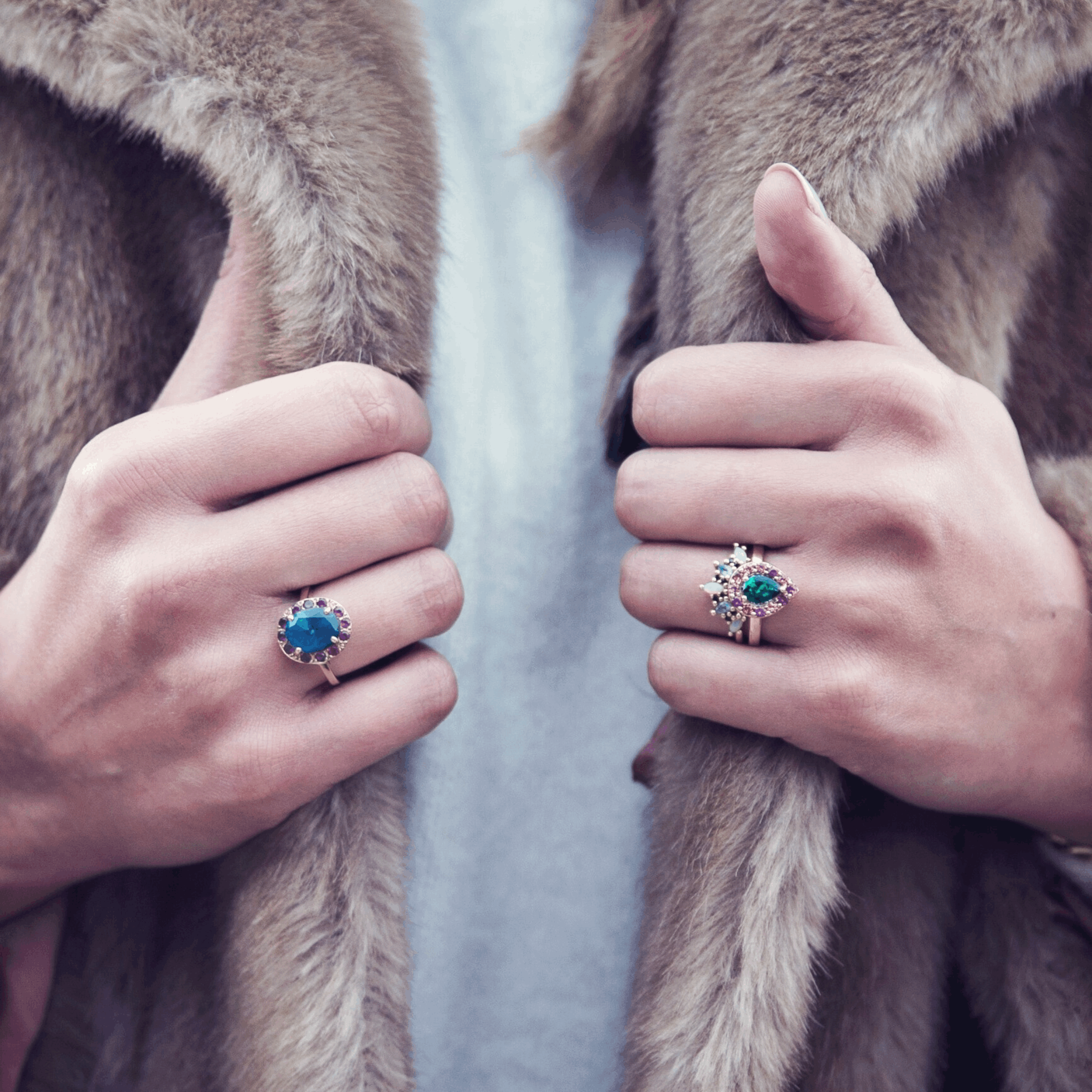 Baroque Pear Halo Ring in Yellow Gold with pink and green gemstones unique coloured jewellery by Emma Hedley Jewellery British Designer of Bespoke Rings custom engagement rings