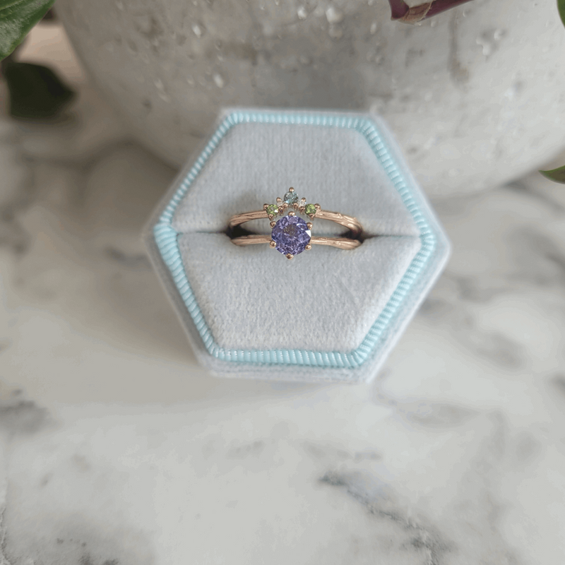 rose gold purple sapphire solitaire green tourmaline natural canada mark diamonds ethically made rings by Emma hedley Fine jewellery in pale blue vintage style ring box