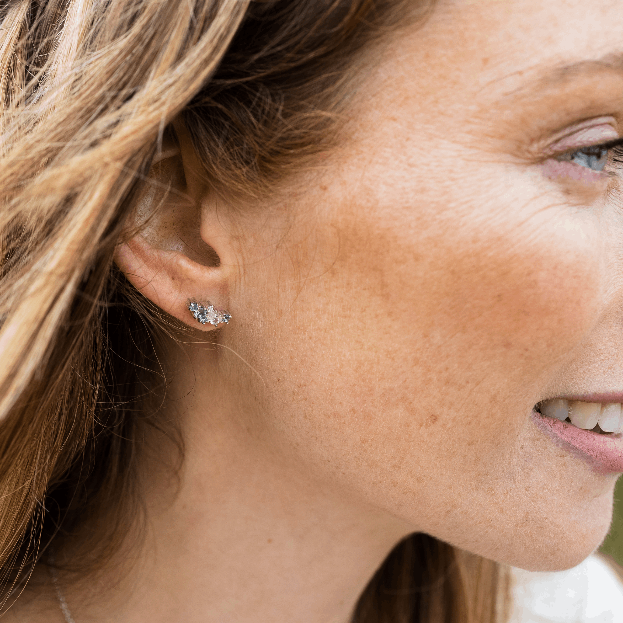 Contellation climber stud earrings blue green sapphire diamond and tourmaline gemstone cluster Claire Collinson Photography Emma Hedley Jewellery