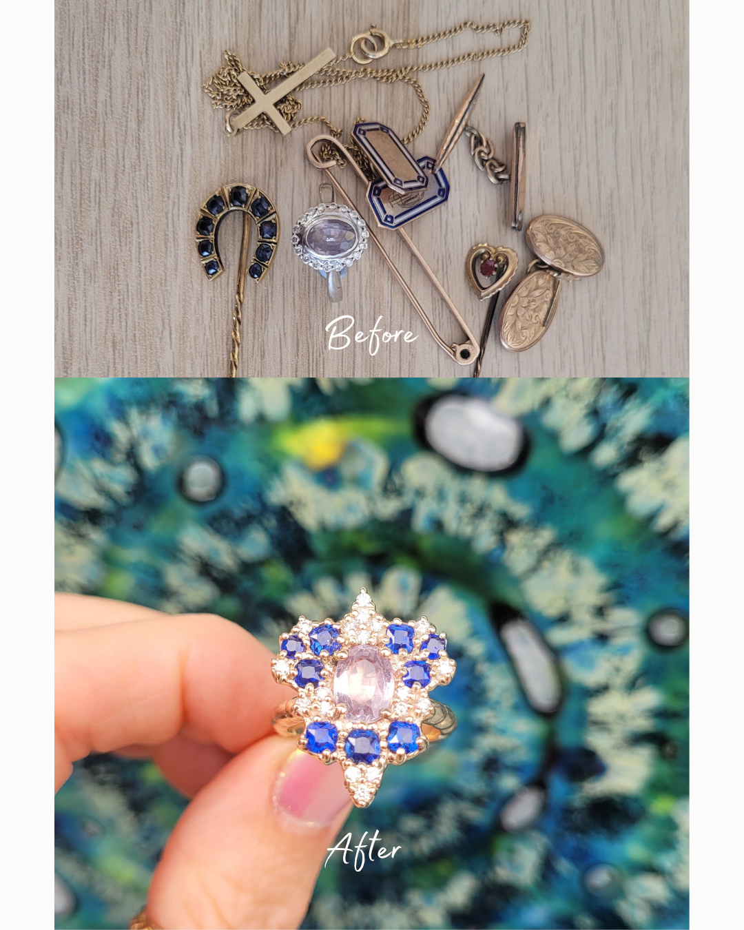 Custom jewellery design before and after picture of antique vintage preloved jewellery that was melted down to make a unique recycled gold sapphire and diamond statement ring with a bubble textured finish designed by bespoke jeweller Emma Hedley