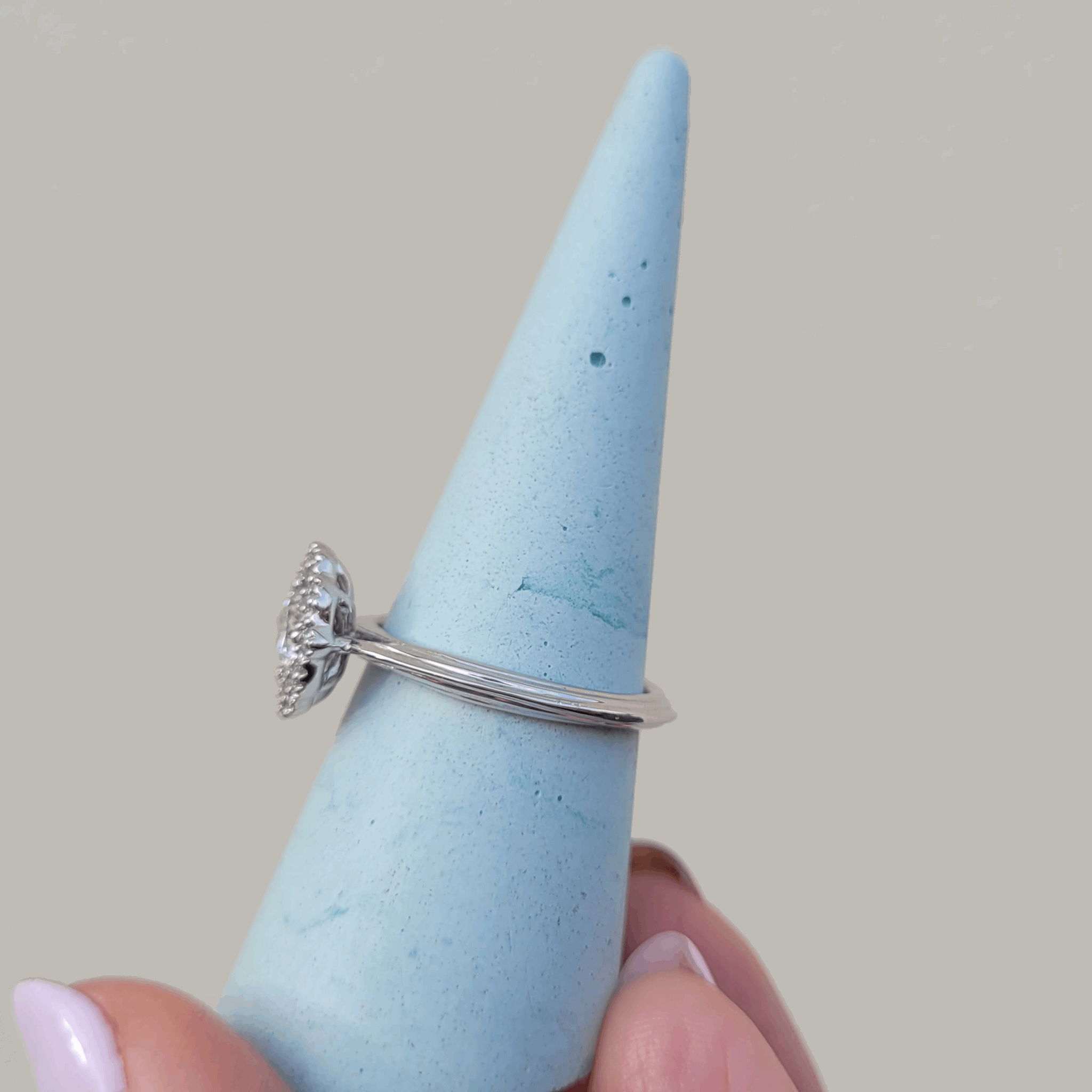 Unique side view 18ct white gold or platinum custom engagement ring Vintage Enchanted Rose mandala inspired halo engagement ring available in natural or lab grown diamonds with an organic detail band and milgrain detail edge by Emma Hedley Custom made fine Jeweller Newcastle