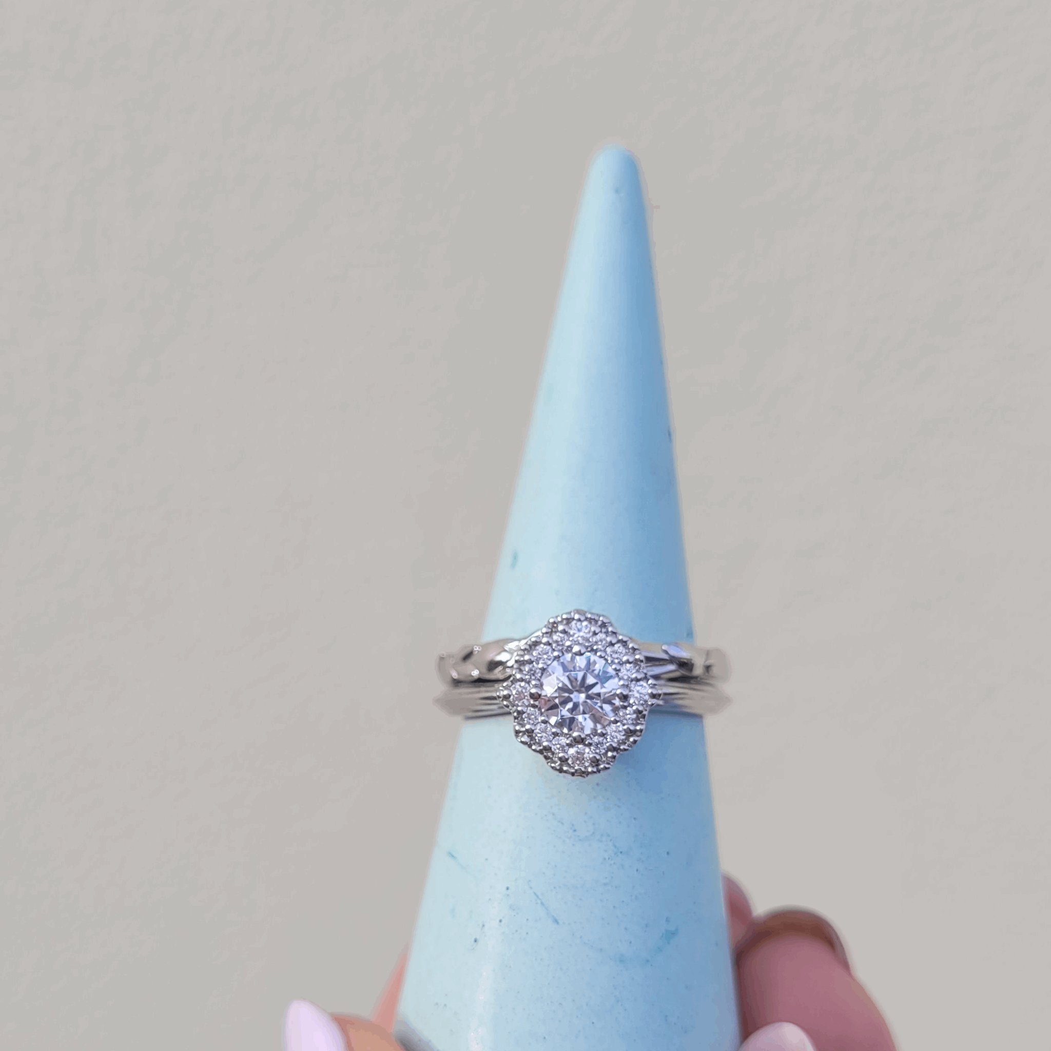 Forest leaf textured wedding ring in 18ct white gold or platinum Vintage Enchanted Rose mandala inspired halo engagement ring available in natural or lab grown diamonds with an organic detail band and milgrain detail edge by Emma Hedley Custom Jeweller