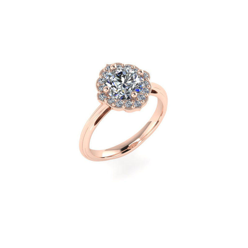 Luxury unique engagement rings in 18ct recycled rose gold with lab grown or natural diamonds vintage inspired mandala shaped halo ring artisan bridal jewellery by British designer Emma Hedley based in Newcastle upon Tyne looking.for  something different 