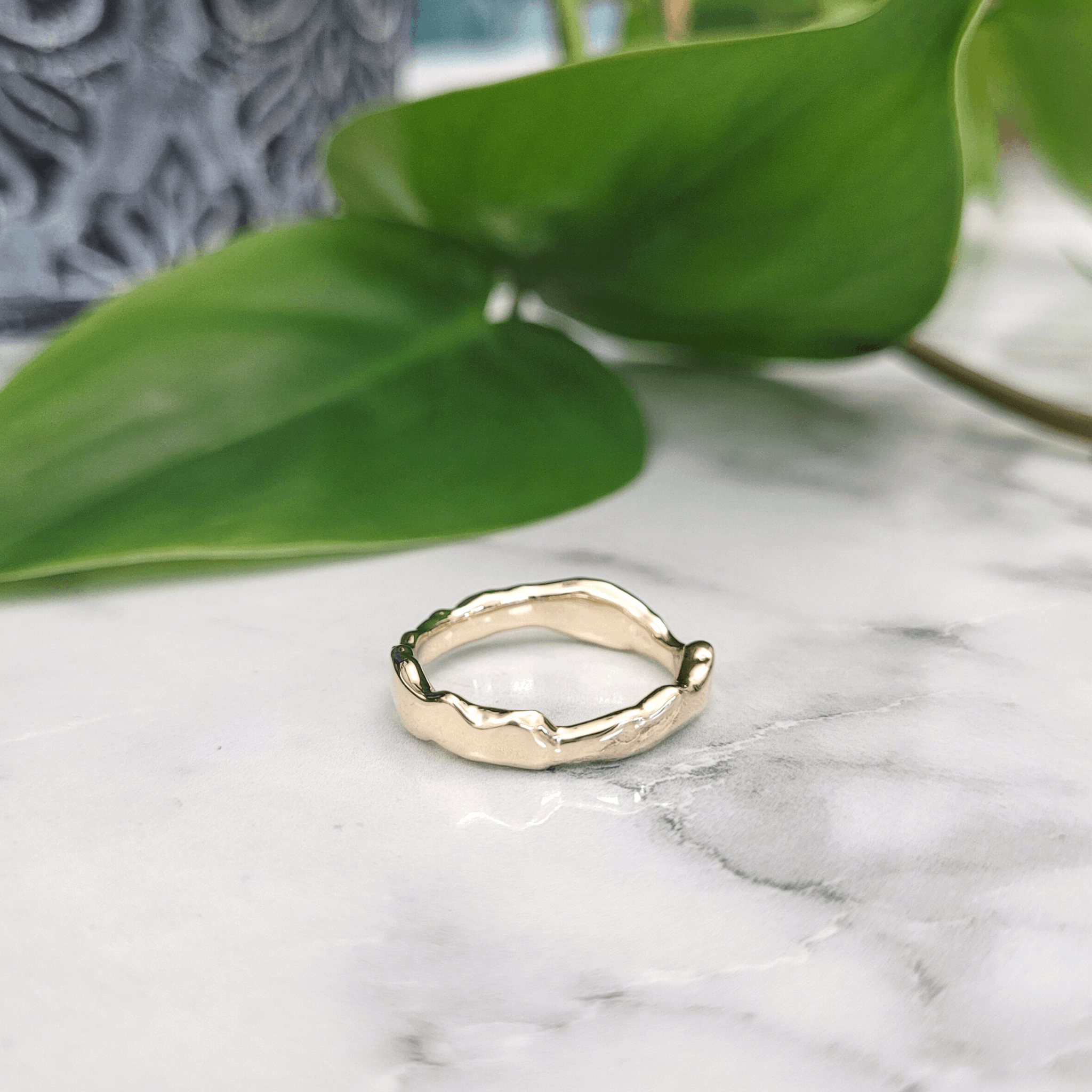 Melted textured yellow gold stacking ring tactile fidget ring prevent anxiety jewellery by Emma Hedley