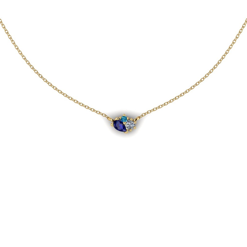 Noon Cluster pendant on an 18" 18ct yellow gold trace chain blue sapphire pear natural or lab diamond and green blue tourmaline by Artisan Jeweller Emma Hedley