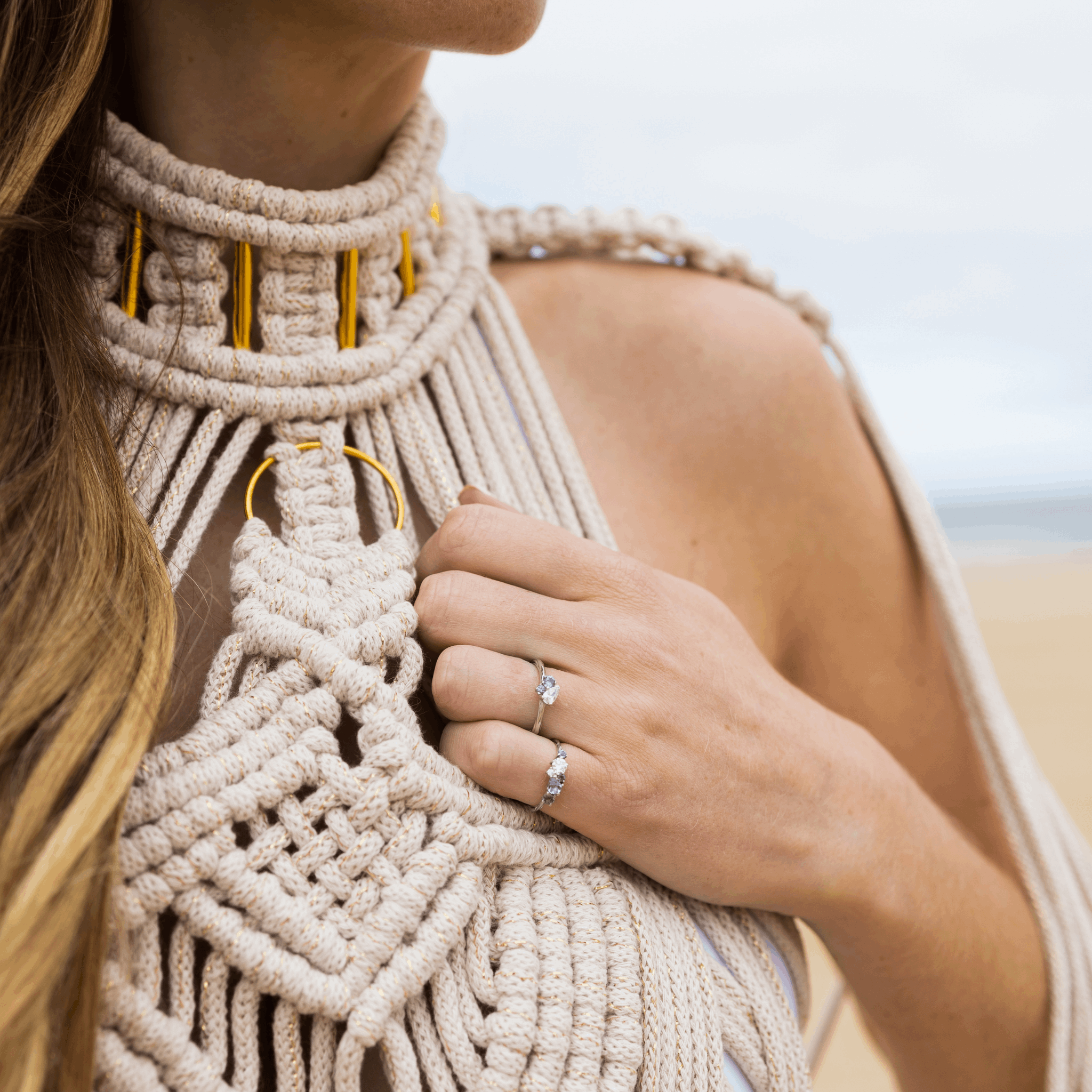 Ocean organic constellation ring blue green sapphire tourmaline 3 stone cluster and 6 stone white gold rings Emma Hedley Jewellery Claire Collinson Photography Model Hannah Shaw