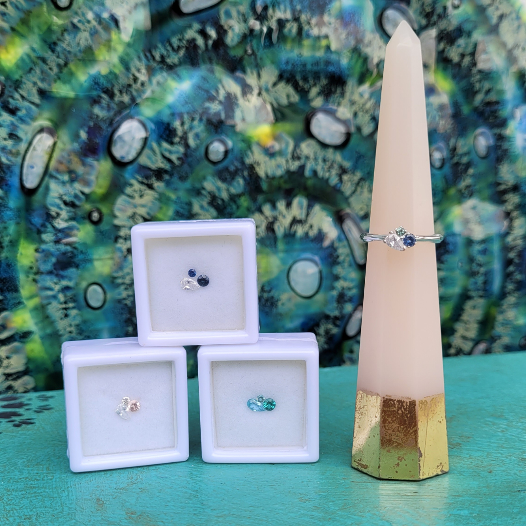 Emma Hedley unique wedding and engagement rings eternity rings white gold diamonds ethically made lab grown or natural or custom made with unique gemstone combinations