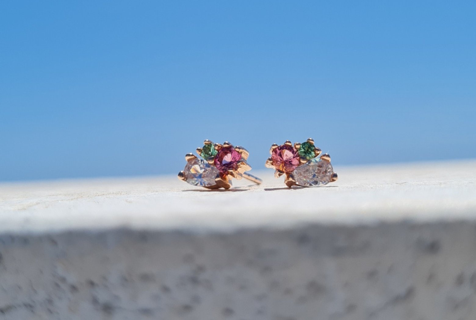 Blossom Cluster stud earrings rose gold pear diamond pink and green tourmaline