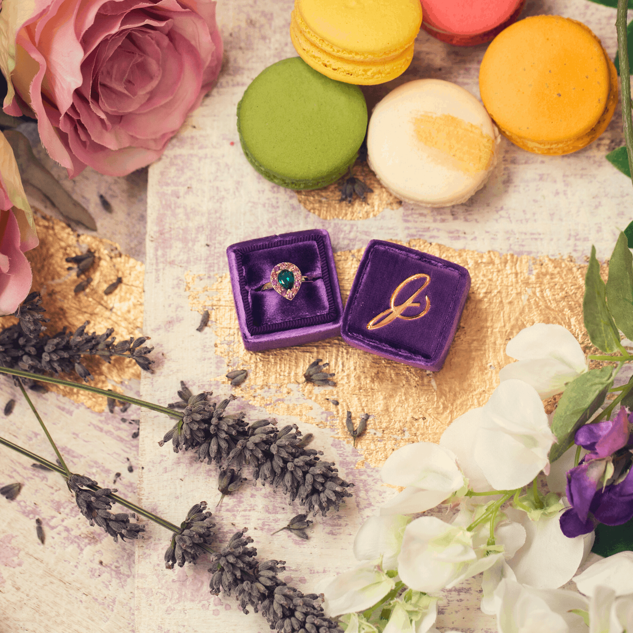 Baroque Pear Halo colourful gemstone engagement Ring in recyceld Yellow Gold pink and green gemstones unique colourful jewellery by Emma Hedley Jewellery British Designer of Bespoke Rings