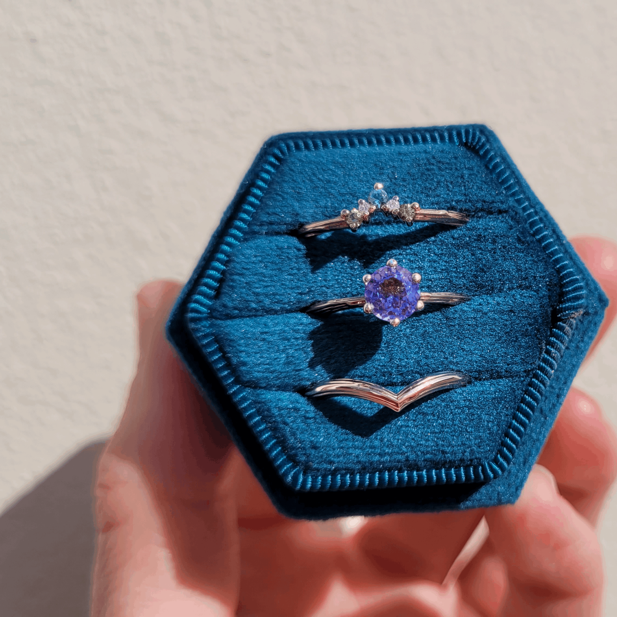 Blossom ethically made Rose gold Organic Dew Drop Purple Sapphire Solitaire Engagement Ring with shaped 5 green tourmaline gemstone Caress eternity ring Diamonds by Emma Hedley wishbone wedding teal velvet 3 slot ring box