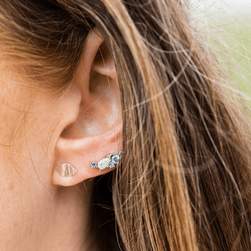 Cluster Blue green sapphire diamond fine jewellery Constellation stud crawler climber earrings by Designer Emma Hedley stacked with ripple studs Claire Collinson Photography 