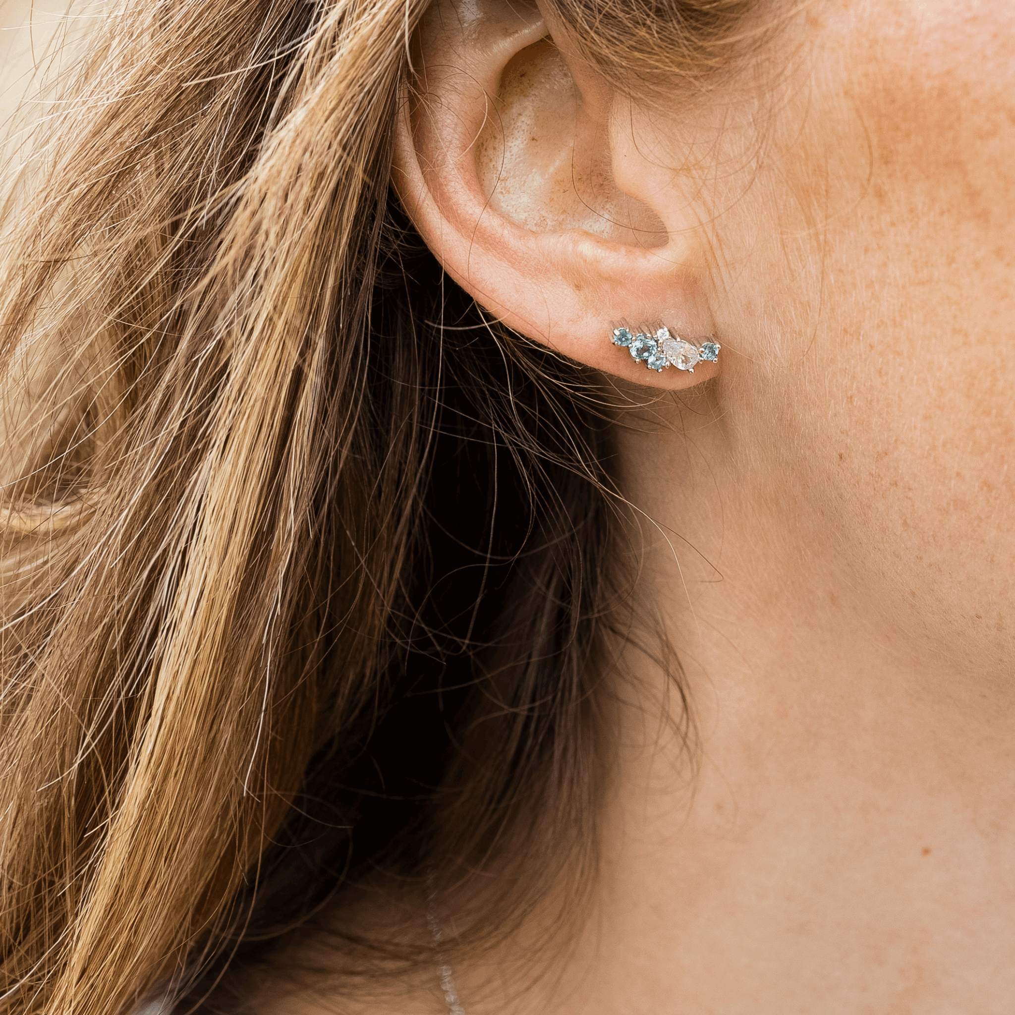 Contellation climber stud earrings blue green sapphire diamond and tourmaline gemstone cluster  Claire Collinson Photography Emma Hedley Jewellery