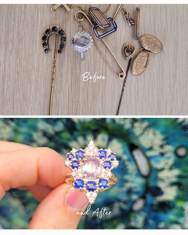 Custom jewellery design before and after picture of antique vintage preloved jewellery that was melted down to make a unique recycled gold sapphire and diamond statement ring with a bubble textured finish designed by bespoke jeweller Emma Hedley