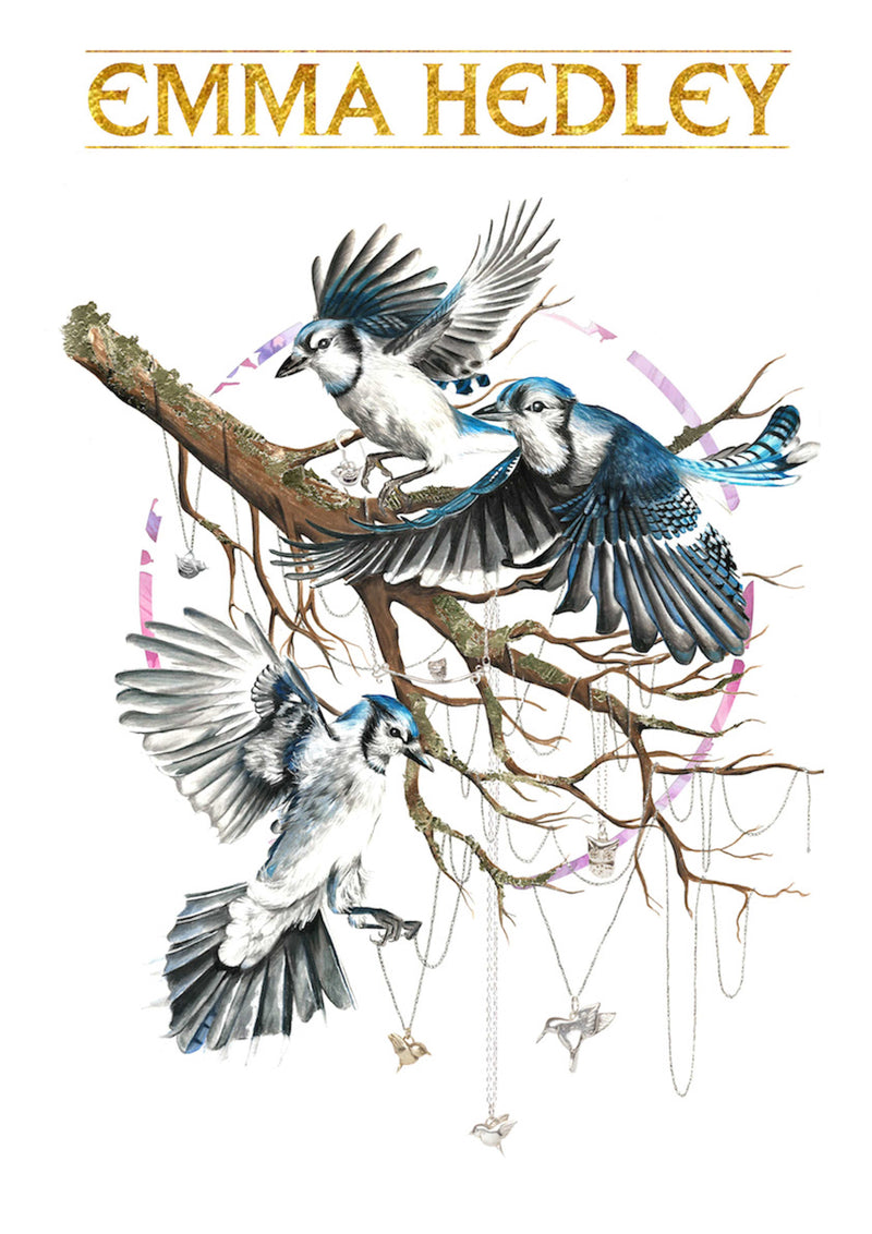 3 birds holding bird pendants in their claws- by HVM Illustration for fine jewellery designer Emma Hedley 