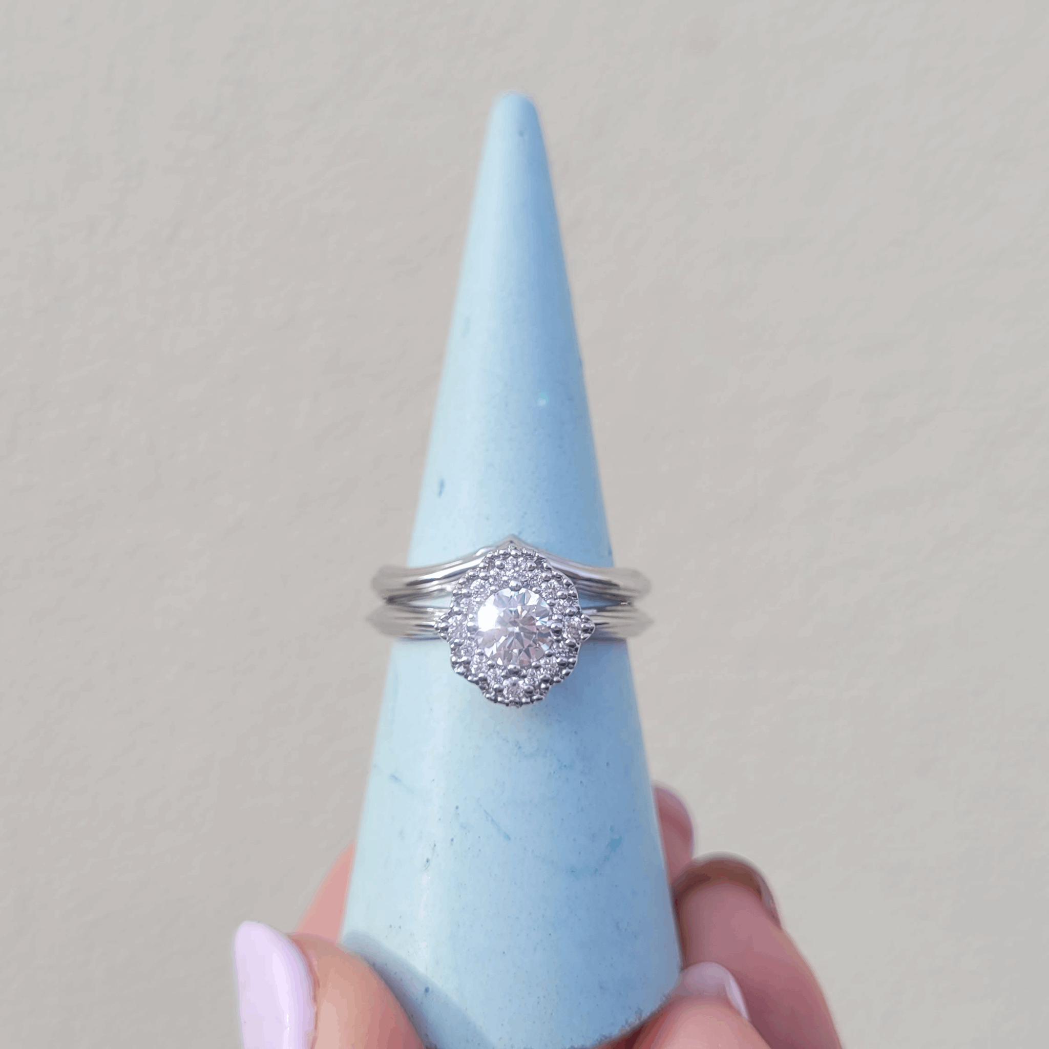 Enchanted Rose round lab grown or Natural diamond halo engagement Ring with vintage scalloped shape setting milgrain detail edge ethically made responsibly sourced unique fine gemstone jewellery bespoke custom rings 