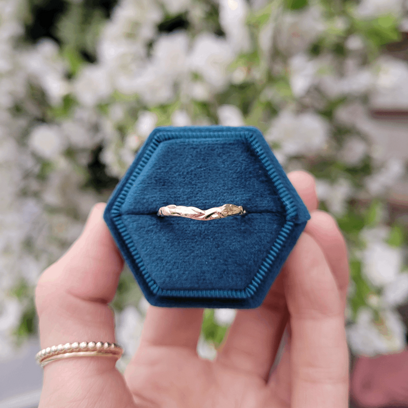 Forest Wishbone Leaf Textured Wedding Ring in a hexagon teal  velvet vintage style ring box by Emma Hedley Jeweller Newcastle Upon Tyne 