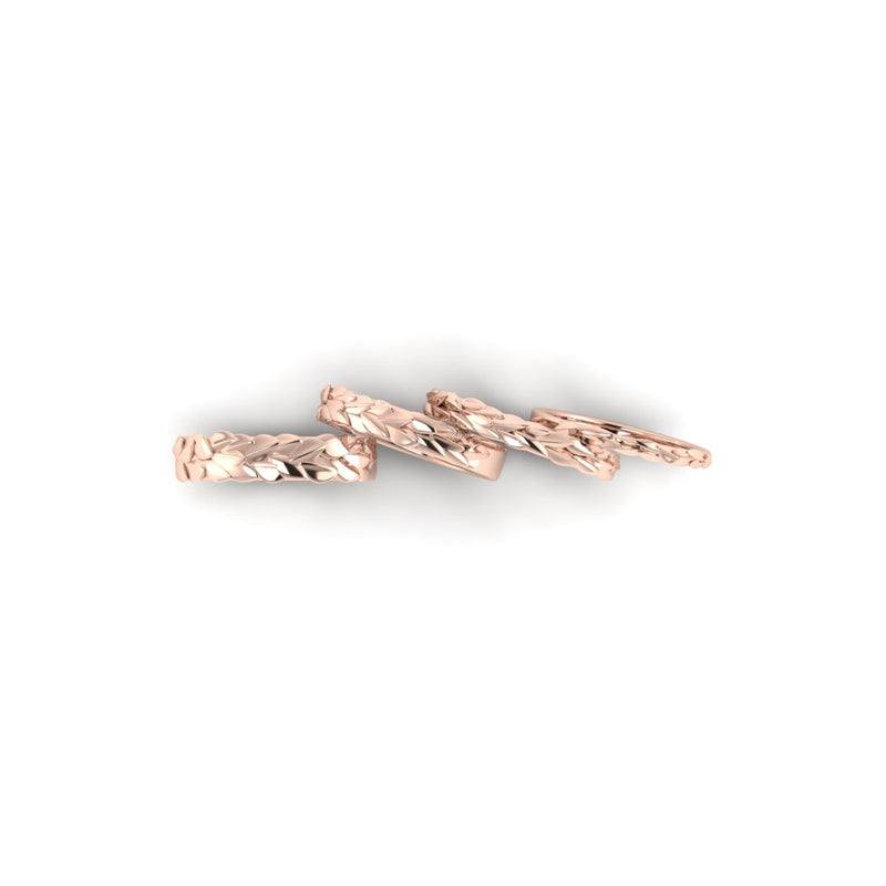 forest leaves detail unique wedding band size comparison from 2mm 3mm 4mm and 5mm rose gold custom unique luxury ethical wedding rings by Bespoke Jeweller Emma Hedley