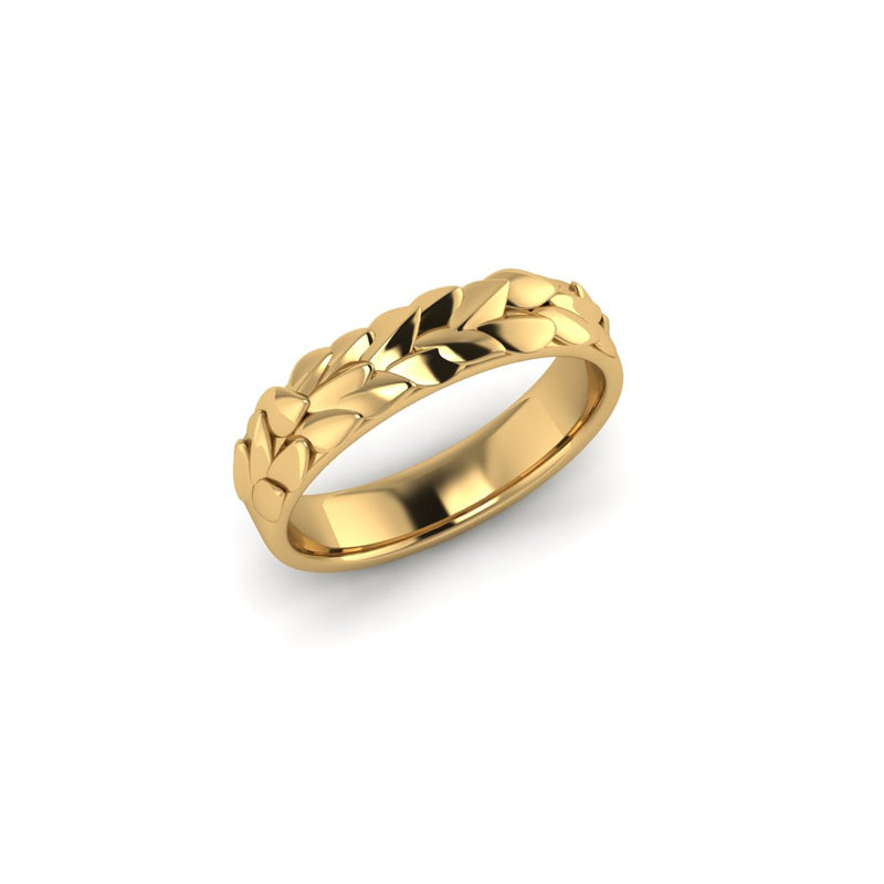 Forest 5mm yellow gold wedding band with unique leaf texture leaves luxury designer wedding bands by Emma Hedley unisex men's or women's bands