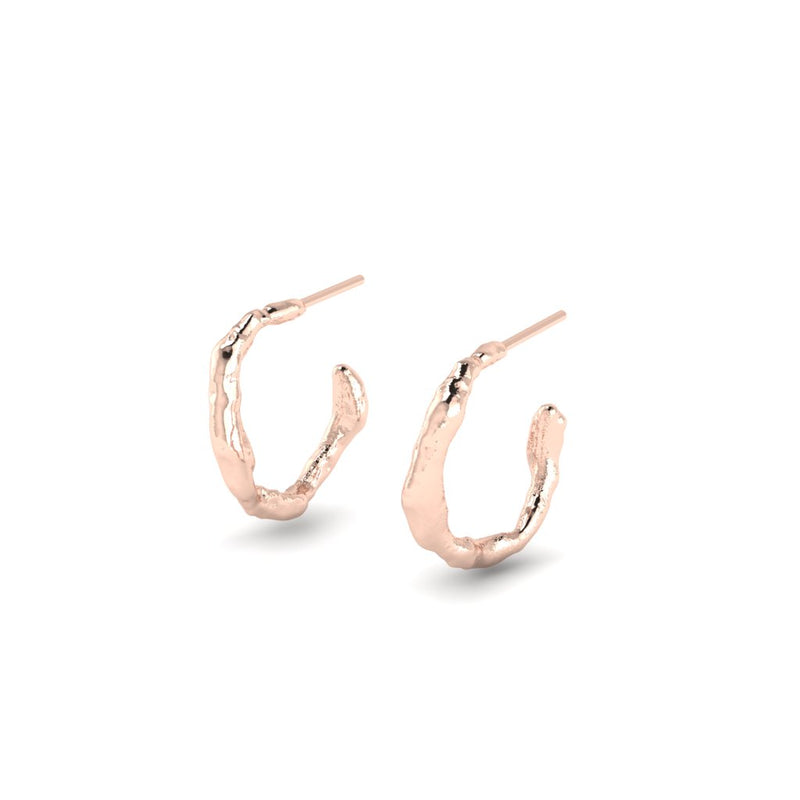 18ct recycled Rose gold Melted texture hoop earrings luxury fine jewellery by Emma Hedley on a white background