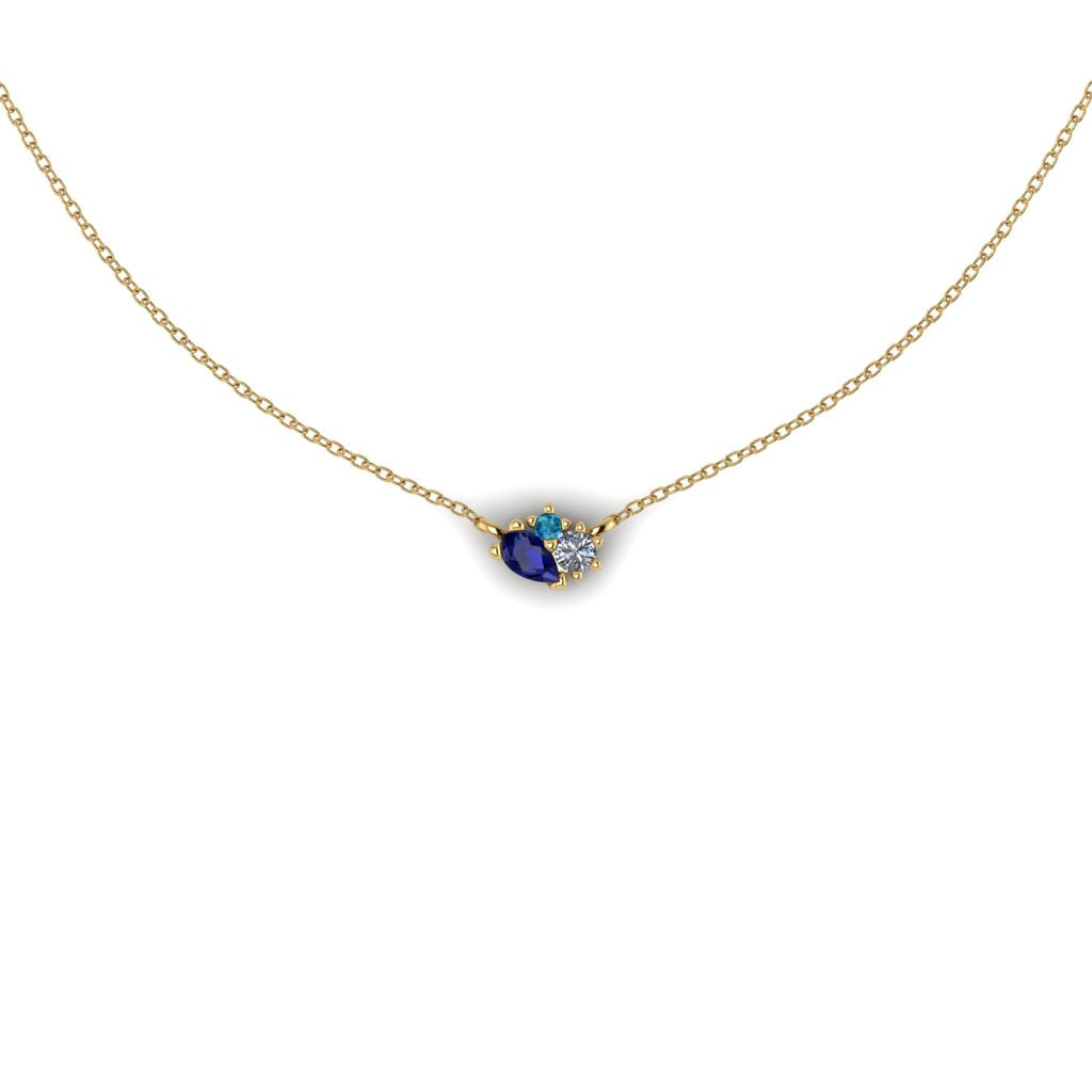 Noon Cluster pendant on an 18" 18ct yellow gold trace chain blue sapphire pear natural or lab diamond and green blue tourmaline by Artisan Jeweller Emma Hedley