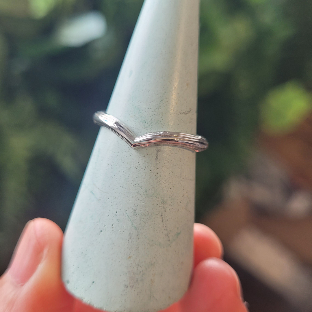 Organic wishbone wedding ring available in white gold or platinum bark texture