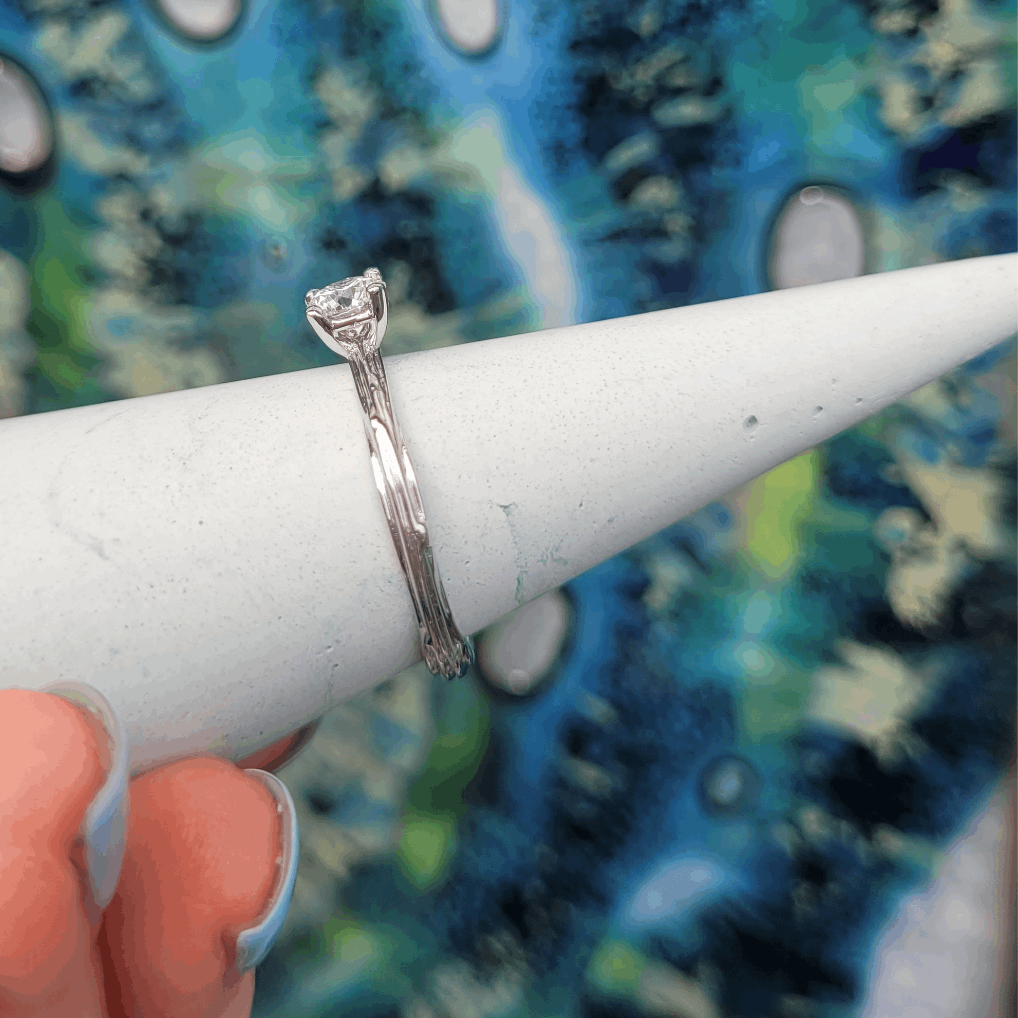 Side view Platinum Organic Dew drop solitaire 0.30ct lab grown diamond engagement ring  by Emma Hedley Fine Jewellery