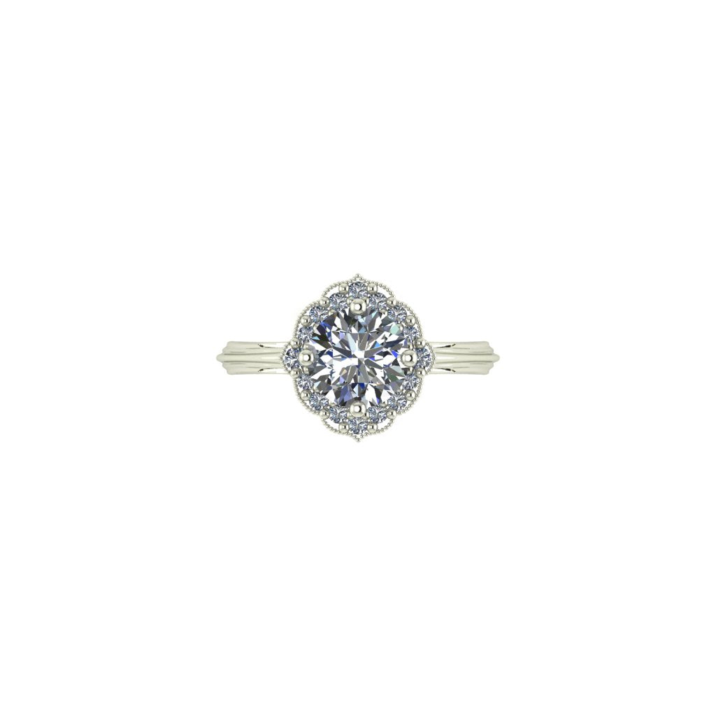 Vintage style Diamond Enchanted Rose mandala shaped halo engagement ring available with natural or lab grown diamonds with an organic detail band and milgrain detail edge by Emma Hedley Custom made ethical unique fine Jewellery