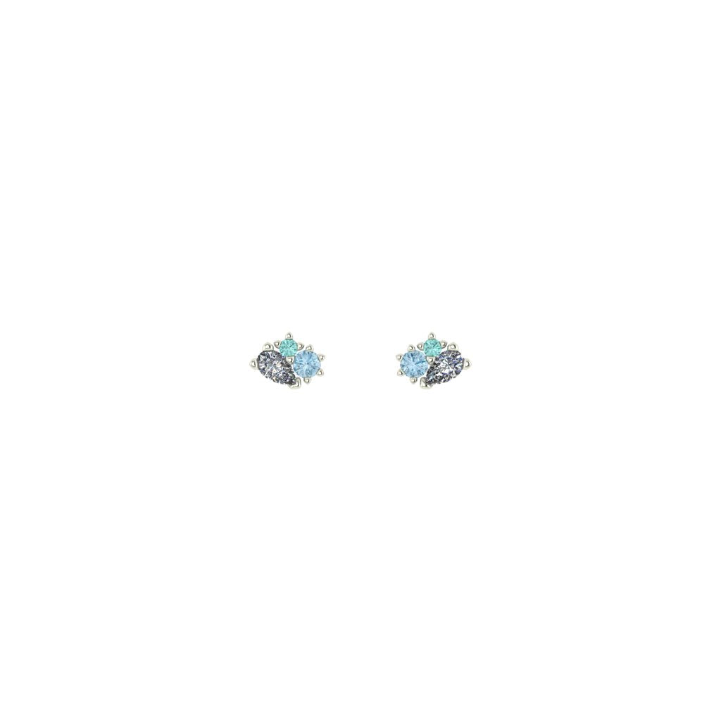 fine 18ct recycled white gold stud earrings cluster blue sapphire pear shaped diamond green tourmaline 